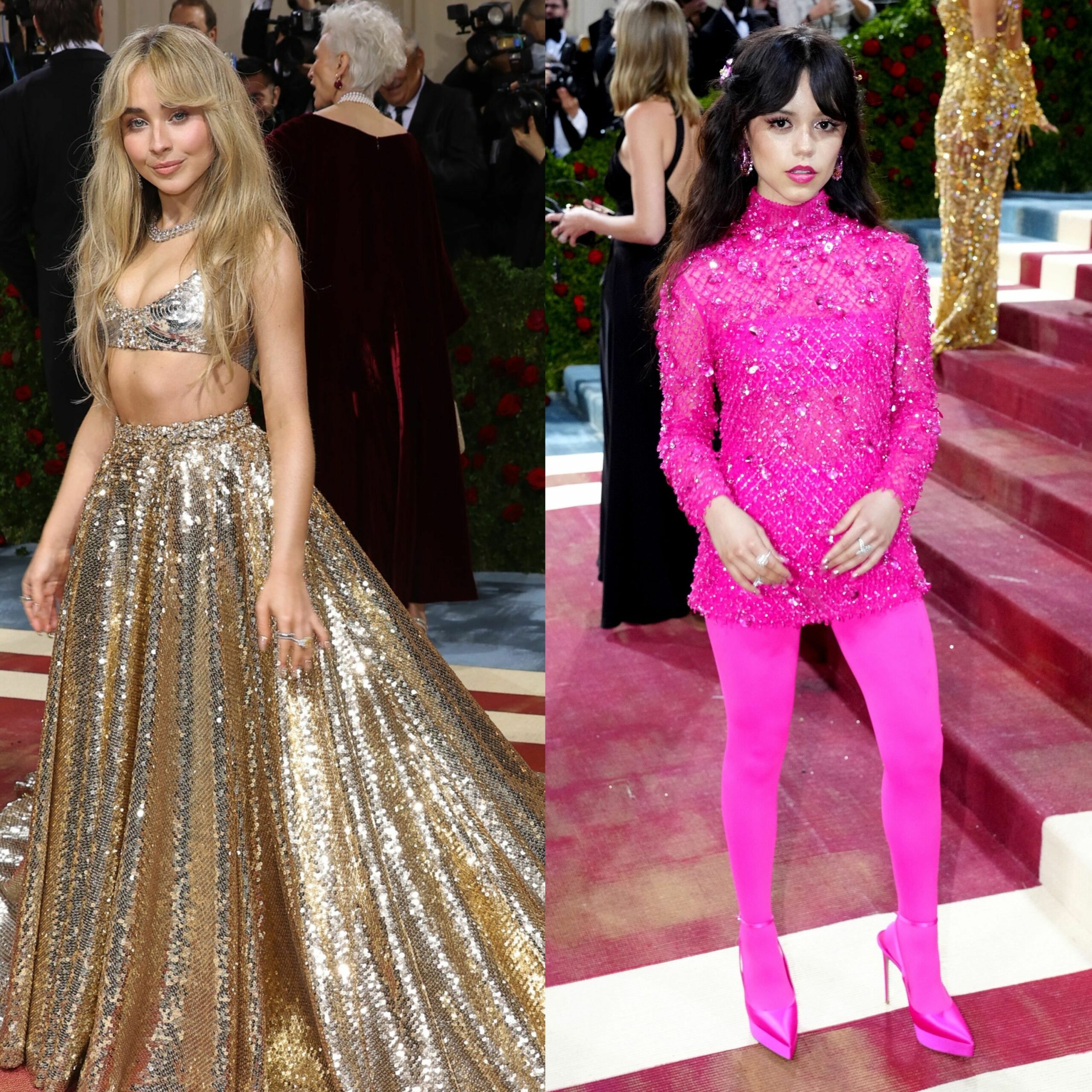 adu gaya sabrina carpenter vs jenna ortega, karpet merah hingga film, 1. Wara-wiri di karpet merah sejak remaja, gaya berpakaian Sabrina Carpenter dan Jenna Ortega terlihat bold lewat padu-padan motif dan palet warna cerah seolah mewakili fase keduanya yang sedang hobi bereksperimen dengan OOTD., 2. Andalkan jumpsuit hitam motif garis-garis putih, Sabrina Carpenter menyempurnakan look-nya bersama flap bag senada dari Chanel sewaktu hadiri premiere film Pitch Perfect 2. Jenna Ortega yang memilih clutch merah dari Saint Laurent kemudian memadu-padankan dengan block heels di premiere film Captain Underpants., 3. Memasuki usia awal 20-an, Sabrina Carpenter dan Jenna Ortega mulai berani tampil provokatif dalam balutan gaun transparan. Hadir di MTV Movie &amp; TV Awards 2020, Sabrina Carpenter memilih sheer dress hitam asimetris bertabur manik-manik dari Ralph &amp; Russo, sedangkan Jenna Ortega mengenakan gaun slim-fit Saint Laurent di karpet merah Critics Choice Awards 2022 Celebration Of Latino Cinema &amp; Television., 4. Ramaikan tren fashion mengenakan hooded dress, Sabrina Carpenter andalkan gaun warna karamel dari Alberta Ferretti dengan beberapa perhiasan minimalis saat hadiri The Fashion Awards 2022. Jenna Ortega tetap pertahankan gaya chic dengan hooded dress warna hitam yang disempurnakan bersama gelang chunky sewaktu tiba di peragaan busana Saint Laurent Menswear Fall/Winter 2023., 5. Sama-sama debut di Met Gala di tahun 2022, Sabrina Carpenter mengenakan satu set gaun dari Paco Rabanne yang terdiri dari bralette top dan ball skirt keemasan. Berbeda dari rekannya, Jenna Ortega perlihatkan look a la boneka Barbie dengan OOTD serba warna fuschia pink dari Valentino., 6. Beberapa kali menghadiri peragaan busana merek terkenal, Sabrina Carpenter sempat kembali mengenakan gaun transparan garis-garis warna hitam di Givenchy Spring/Summer 2024. Jenna Ortega yang mengenakan inner top tipis memilih memadu-padankan bersama blazer, rok midi pleated senada sambil membawa tas bucket di Christian Dior Spring/Summer 2024., 7. Bahkan ketika sedang berakting dalam film dan serial, Sabrina Carpenter dan Jenna Ortega selalu mengenakan setelan pakaian kekinian dengan sentuhan ciri khas masing-masing dari karakter yang mereka mainkan.