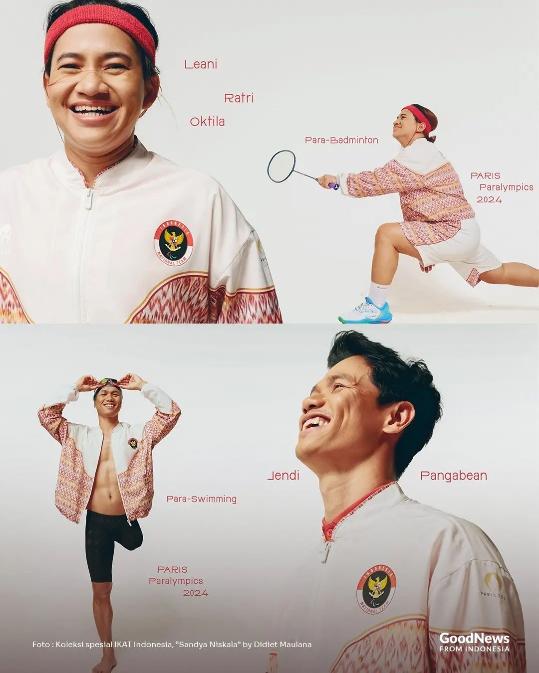didiet maulana rancang kostum atlet indonesia di paralimpiade paris, 1. Koleksi ini lahir dari kekuatan, keberanian, dan tekad pantang menyerah para atlet Paralympiade Indonesia. Sandya Niskala diharapkan menjadi simbol motivasi dan persatuan, mendukung sportivitas serta merayakan prestasi setiap pencapaian para atlet Indonesia yang akan berjuang di Paralympic 2024., 2. Setiap pakaian yang dirancang menghadirkan unsur motif tenun ikat serta menggabungkan filosofi Bhinneka Tunggal Ika dalam desain yang sporty, dinamis, dan penuh semangat. Dalam bahasa Sanskerta, Sandya berarti persatuan dan Niskala berarti kuat dan kokoh., 3. Rancangan spesial ini terdiri dari jaket, jersey shirt, track pants untuk ajang Paris Summer Paralympic Games yang berlangsung mulai pada tanggal 28 Agustus 2024., 4. Koleksi ini memancarkan semangat dalam setiap gerakan yang optimis dan energik, dengan motif ikat spesial yang terinspirasi dari gelombang laut dan bentuk bulu Garuda Pancasila, menggambarkan kekuatan dalam kompetisi., 5.  Warna merah, putih, kuning emas, dan abu-abu menyatukan simbol keberanian, kesucian, kemegahan, dan tanggung jawab, sementara kombinasi warna krem lembut menambah kesan modern yang harmonis., 6. Mikha Tambayong, Yoriko Angeline dan Oka Antara menjadi 3 artis Indonesia menjadi model dalam pemotretan koleksi Sandya Niskala., 7. Pada momen pembukaan Paralimpiade Paris 2024, para defile menggunakan pakaian yang terdiri dari luaran dan dalaman serta celana. Para perempuan mengenakan dalaman yang terinspirasi dari kebaya Kartini dengan kerah V. Pada laki-laki, sang desainer terinspirasi dari bentuk kerah busana pria nusantara.