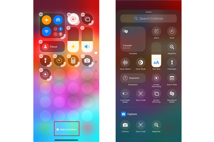 Ilustrasi cara memodifikasi Control Center iPhone di iOS 18., 1. Kustomisasi Control Center, 2. Kustomisasi ikon aplikasi, 3. Kustomisasi menu lock screen, 4. Menghitung soal matematika otomatis di Notes, 5. Membuat transkrip rekaman audio di Notes, 6. Menghilangkan objek yang mengganggu pada website di Safari, 7. Mengelola password di aplikasi Password, 8. Kalkulator dengan beberapa pilihan mode, 9. Pencarian konten di Photos, 10. Chat dengan berbagai format dan efek di Message