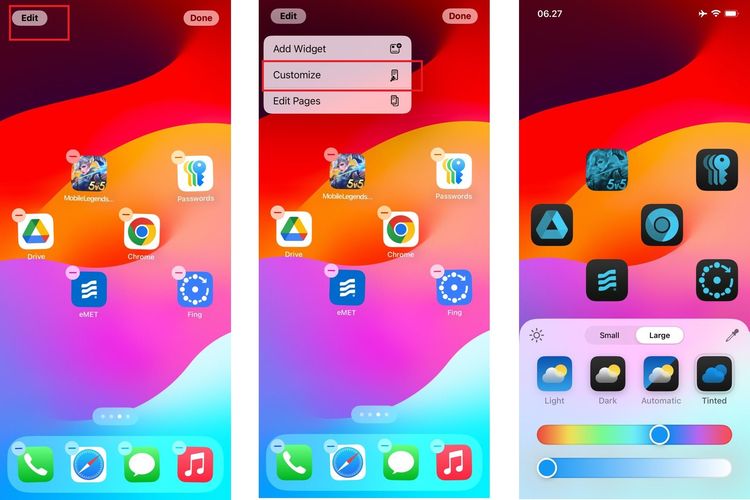 Ilustrasi cara ganti ikon aplikasi iPhone di iOS 18., 1. Kustomisasi Control Center, 2. Kustomisasi ikon aplikasi, 3. Kustomisasi menu lock screen, 4. Menghitung soal matematika otomatis di Notes, 5. Membuat transkrip rekaman audio di Notes, 6. Menghilangkan objek yang mengganggu pada website di Safari, 7. Mengelola password di aplikasi Password, 8. Kalkulator dengan beberapa pilihan mode, 9. Pencarian konten di Photos, 10. Chat dengan berbagai format dan efek di Message
