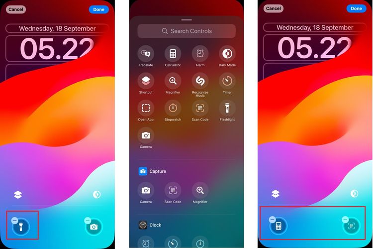 Ilustrasi cara ganti menu lock screen iPhone di iOS 18., 1. Kustomisasi Control Center, 2. Kustomisasi ikon aplikasi, 3. Kustomisasi menu lock screen, 4. Menghitung soal matematika otomatis di Notes, 5. Membuat transkrip rekaman audio di Notes, 6. Menghilangkan objek yang mengganggu pada website di Safari, 7. Mengelola password di aplikasi Password, 8. Kalkulator dengan beberapa pilihan mode, 9. Pencarian konten di Photos, 10. Chat dengan berbagai format dan efek di Message