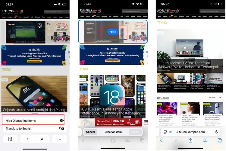 Fitur menghilangkan objek yang menganggu di website pada iOS 18. Fitur ini berguna untuk menyembunyikan iklan., 1. Kustomisasi Control Center, 2. Kustomisasi ikon aplikasi, 3. Kustomisasi menu lock screen, 4. Menghitung soal matematika otomatis di Notes, 5. Membuat transkrip rekaman audio di Notes, 6. Menghilangkan objek yang mengganggu pada website di Safari, 7. Mengelola password di aplikasi Password, 8. Kalkulator dengan beberapa pilihan mode, 9. Pencarian konten di Photos, 10. Chat dengan berbagai format dan efek di Message