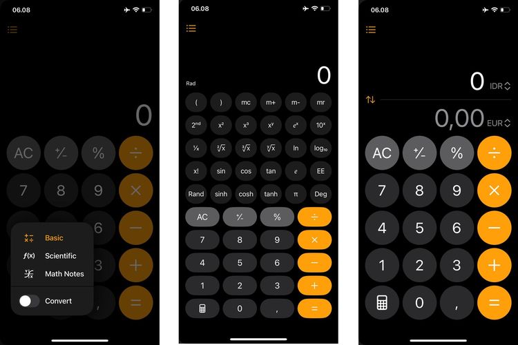 Ilustrasi kalkulator iOS 18 iPhone yang berisi beragam mode. Pengguna bisa memilih mode dasar, saintifik, Math Notes, dan konversi nilai mata uang., 1. Kustomisasi Control Center, 2. Kustomisasi ikon aplikasi, 3. Kustomisasi menu lock screen, 4. Menghitung soal matematika otomatis di Notes, 5. Membuat transkrip rekaman audio di Notes, 6. Menghilangkan objek yang mengganggu pada website di Safari, 7. Mengelola password di aplikasi Password, 8. Kalkulator dengan beberapa pilihan mode, 9. Pencarian konten di Photos, 10. Chat dengan berbagai format dan efek di Message