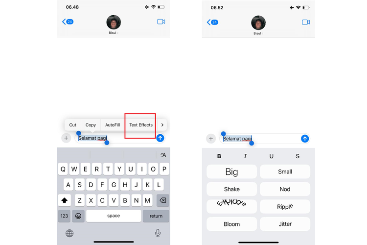 Ilustrasi fitur format dan efek tulisan di Message iOS 18 iPhone., 1. Kustomisasi Control Center, 2. Kustomisasi ikon aplikasi, 3. Kustomisasi menu lock screen, 4. Menghitung soal matematika otomatis di Notes, 5. Membuat transkrip rekaman audio di Notes, 6. Menghilangkan objek yang mengganggu pada website di Safari, 7. Mengelola password di aplikasi Password, 8. Kalkulator dengan beberapa pilihan mode, 9. Pencarian konten di Photos, 10. Chat dengan berbagai format dan efek di Message