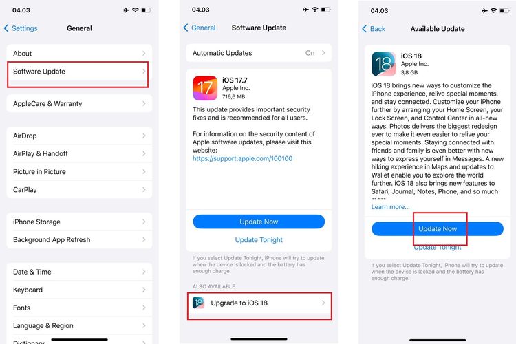 Ilustrasi cara update iOS 18 di iPhone., Cara cek iPhone bisa update iOS 18 atau tidak, Daftar iPhone yang bisa update iOS 18, Cara update iOS 18, Fitur-fitur iOS 18