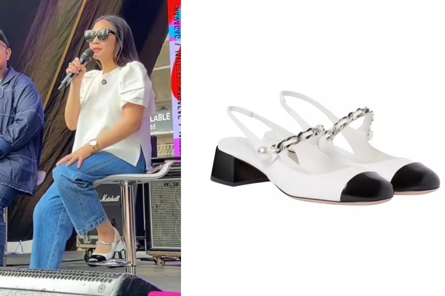 deretan sepatu mahal milik artis indonesia, hingga puluhan juta!, 1. Ayu Dewi hadiri acara pesta mengenakan sepatu heels warna ungu rancangan Amina Muaddi seharga 16 jutaan yang serasi dengan dress yang dikenakannya., 2. Nagita Slavina tampil casual chic dengan sepatu slingback Miu Miu koleksi leather two-tone pumps seharga 17 juta rupiah., 3. Olla Ramlan memilih heels koleksi Bottega Veneta padded bloc pumps warna mint dengan harga mencapai 15 jutaan rupiah., 4. Wulan Guritno melengkapi gaya kecenya pakai tabi leather heels hitam rancangan rumah mode Maison Margiela, harganya mencapai 18 jutaan rupiah., 5. Selvi Ananda bergaya casual mengenakan sandal dari koleksi Hermes Oasis warna putih seharga 12 jutaan rupiah., 6. Shandy Aulia melengkapi outfit serba putihnya dengan sentuhan warna yang pop-up pakai Chanel mary jane shoe warna pink seharga 31 jutaan rupiah., 7. Luna Maya memadupadankan outfit casual-nya dengan sepatu loafers Loro Piana seharga 16 jutaan rupiah.