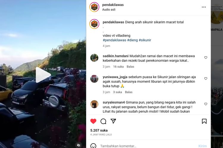 Tangkapan layar kemacetan di Dieng jalur Sikunir-Sikarim, Senin (20/3/2023).